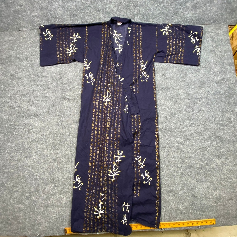 Vintage Made in Japan Navy Cotton Yukata Kimono Robe Gold Calligraphy Size 50
